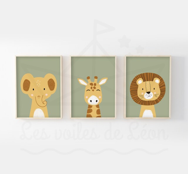 Set Of 3 Children's Safari Posters Lion, Giraffe, Elephant, Wall Decoration For Baby's Room, Savannah Poster, Baby Shower Gift - image 1