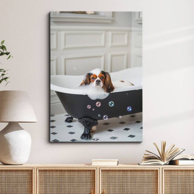 Cavalier King Charles Spaniel in The Bathtub Dog Pet Abstract Modern Painting Wall Art Framed Canvas Poster Print, Home Kitchen Office Decor - image 1