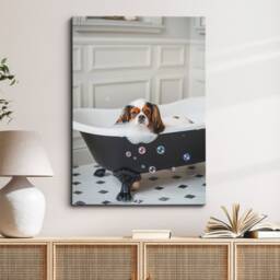 Cavalier King Charles Spaniel in The Bathtub Dog Pet Abstract Modern Painting Wall Art Framed Canvas Poster Print, Home Kitchen Office Decor - thumbnail 1