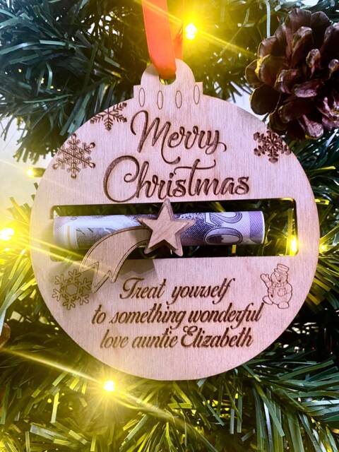 Personalised Christmas Bauble Tree Decoration Wood Xmas Gift Money Holder - image 1