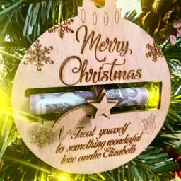 Personalised Christmas Bauble Tree Decoration Wood Xmas Gift Money Holder - thumbnail 4