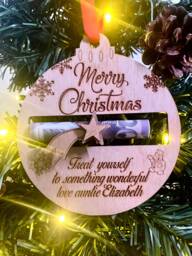 Personalised Christmas Bauble Tree Decoration Wood Xmas Gift Money Holder