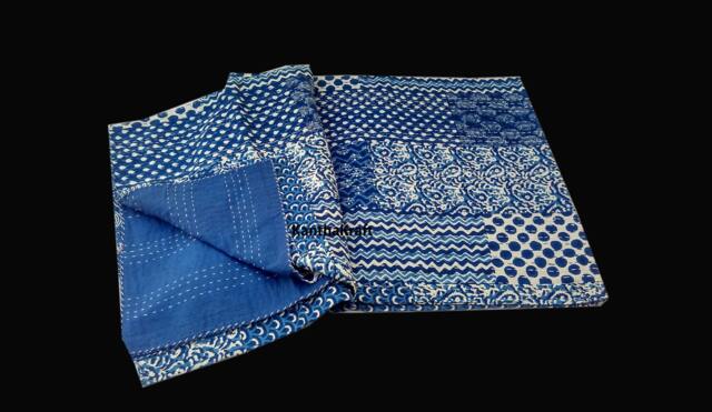 Indigo Blue Patchprint Queen/King Kantha Quilt Throw Bedspread Indian Vintage Bohemian Blanket Coverlet Bedspread Bedcover Patchwork - image 1