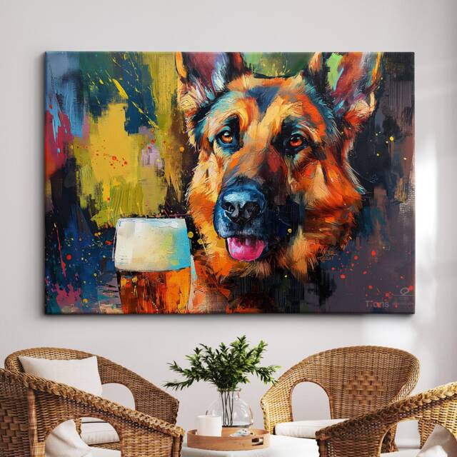 German Shepherd Beer Glass Painting Framed Poster Print & Canvas Wall Decor Art Bar Kitchen Room Dog Gift Pet - image 1