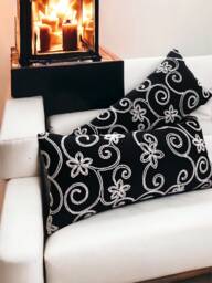 Black & White Floral Embroidered Decorative Pillow Cover, Cushion, Throw Pillow, , Home Decor, Gifts For Her, Embroidery, Lumbar - thumbnail 1