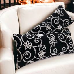 Black & White Floral Embroidered Decorative Pillow Cover, Cushion, Throw Pillow, , Home Decor, Gifts For Her, Embroidery, Lumbar - thumbnail 2
