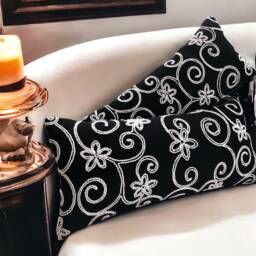 Black & White Floral Embroidered Decorative Pillow Cover, Cushion, Throw Pillow, , Home Decor, Gifts For Her, Embroidery, Lumbar - thumbnail 3