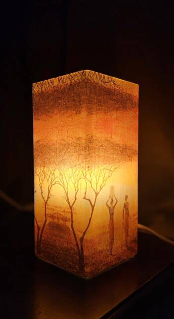 African Sunset Table Lamp Decoupaged Frosted Glass, Handmade Home Decor - image 1