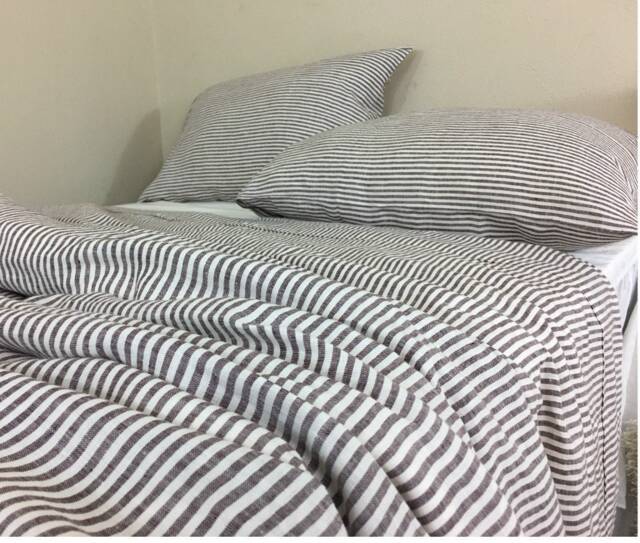 Cocoa Brown & White Striped Linen Duvet Cover, Natural Stripes, Standard Size Or Custom Size - image 1