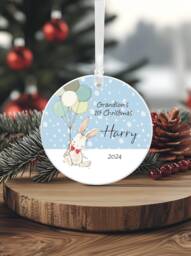 Grandson's First Christmas Ceramic Circle Tree Decoration - Cute Bunny Personalised Holiday Ornament Keepsake Xmas