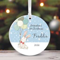 Grandson's First Christmas Ceramic Circle Tree Decoration - Cute Bunny Personalised Holiday Ornament Keepsake Xmas - thumbnail 3