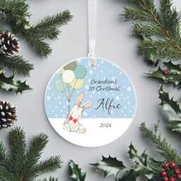 Grandson's First Christmas Ceramic Circle Tree Decoration - Cute Bunny Personalised Holiday Ornament Keepsake Xmas - thumbnail 2