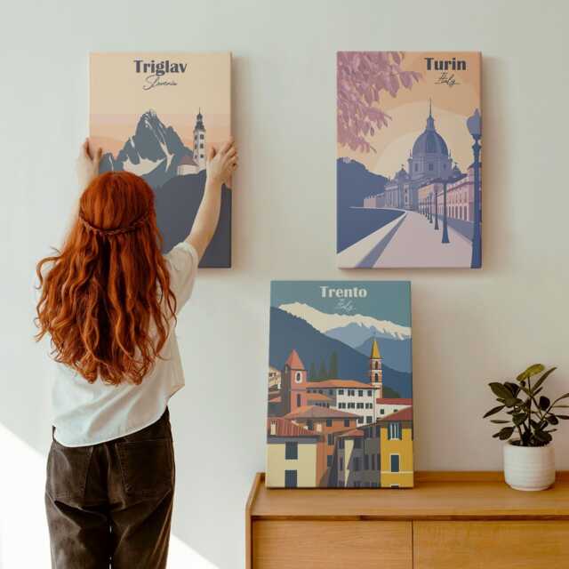 Canvas Art Set Of 3 - Mountains & Retro Architecture Colorful Illustrations, Multicolored Wall Art, Travels Hanging Piece - image 1