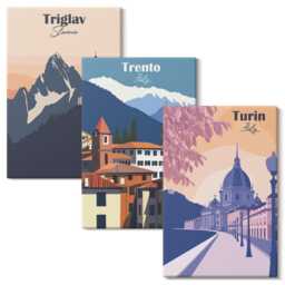 Canvas Art Set Of 3 - Mountains & Retro Architecture Colorful Illustrations, Multicolored Wall Art, Travels Hanging Piece - thumbnail 2