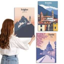 Canvas Art Set Of 3 - Mountains & Retro Architecture Colorful Illustrations, Multicolored Wall Art, Travels Hanging Piece - thumbnail 3