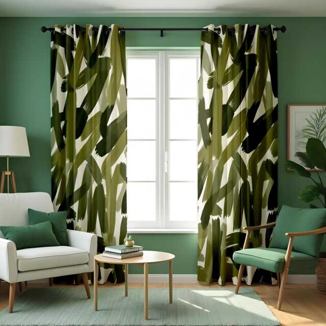 Green Abstract Brushstroke Curtains, Modern Artistic Drapes, Custom Made Window Panels For Living Room Bedroom Home Decor - image 1