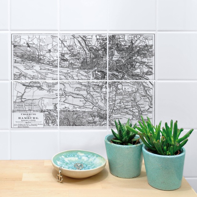 Hamburg Map Tile Stickers - Vintage City Set Of 6 Peel & Stick Waterproof Kitchen Bathroom Made in Germany - image 1