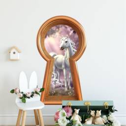 Unicorn 3D Keyhole Fabric Wall Decal - in Meadow 3D Sticker Fairytale Wonderland Removable - thumbnail 3