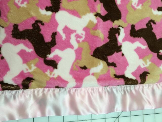 Free Embroidery 30 X 35 Pink & Brown Horsie Minky Satin Baby Blanket - image 1