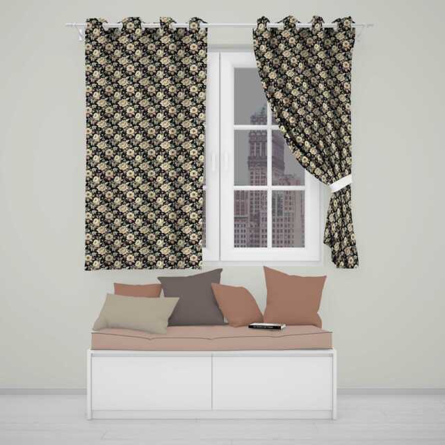 Classic Monochrome Floral Black Ivory Seamless Pattern Readymade Eyelet Ring Top Thermal 100% Blackout Curtains - image 1