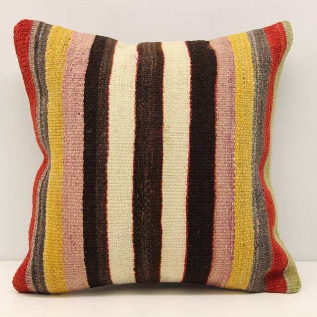 Vintage Turkish Kilim Pillow Cover - 16x16 Inch Wool & Cotton - image 1