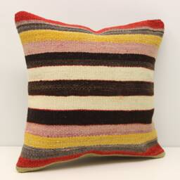 Vintage Turkish Kilim Pillow Cover - 16x16 Inch Wool & Cotton - thumbnail 2