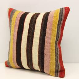 Vintage Turkish Kilim Pillow Cover - 16x16 Inch Wool & Cotton - thumbnail 3