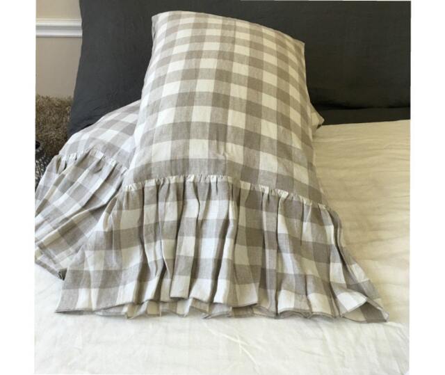 A Pair Of Buffalo Check Linen Plaid Pillow Shams Feature Mermaid Long Ruffles, Inspired By French Country Style, Cases - image 1