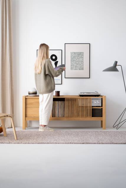 Solid Oak Tv Stand - Mid Century Modern Cabinet With Sliding Doors, Ample Storage - image 1