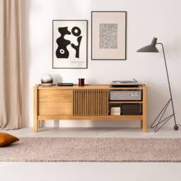 Solid Oak Tv Stand - Mid Century Modern Cabinet With Sliding Doors, Ample Storage - thumbnail 2