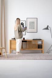 Solid Oak Tv Stand - Mid Century Modern Cabinet With Sliding Doors, Ample Storage