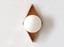 Geometric Oak & Opal Glass Globe Sconce Light Art Deco Lighting Vanity Fixture Bedside Wood Lamp Entry