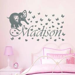Custom Name Wall Decals Elephant Butterfly Decal Nursery Children's Girl Room Playroom Window Home Decor Art Vinyl Stickers - Ma48 - thumbnail 1