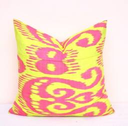 Handmade Silk Cotton Ikat Pillow Cover, Yellow & Pink Accent - 20x20 - thumbnail 1
