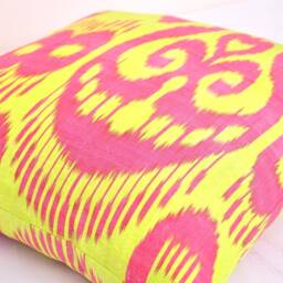 Handmade Silk Cotton Ikat Pillow Cover, Yellow & Pink Accent - 20x20 - thumbnail 2
