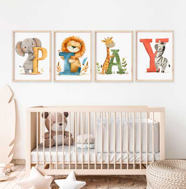 Safari Animal Nursery Prints Play Wall Art Set - image 1