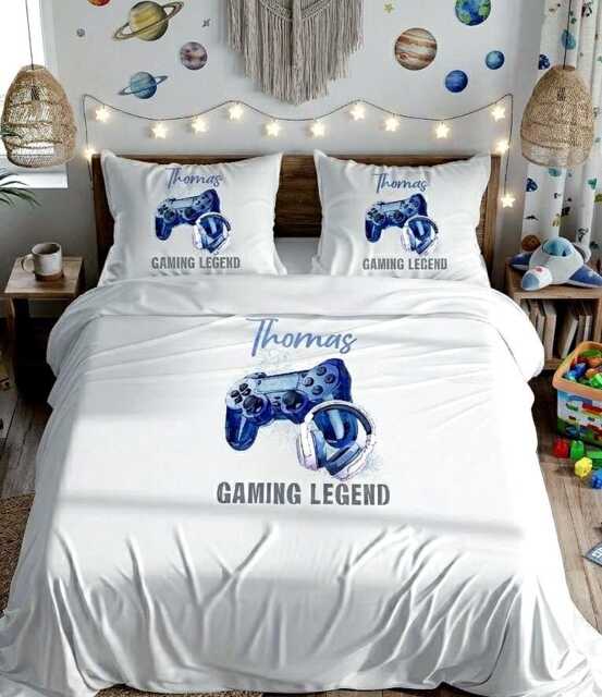 Personalised Gaming Duvet Cover Set - Custom Name Gamer Bedding For Boys Blue Controller Bedspread - image 1