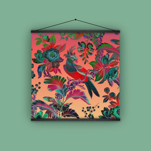 Antique French Wallpaper, Wall Hanging, Exotic Jungle, France, Gift For Her, Bird Lover, Parrot, Vintage, Nature, Floral, Flower Garden - image 1