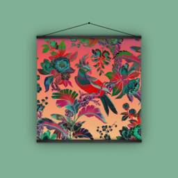 Antique French Wallpaper, Wall Hanging, Exotic Jungle, France, Gift For Her, Bird Lover, Parrot, Vintage, Nature, Floral, Flower Garden