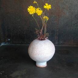 Irregular White Ceramic Vase, Wabisabi, Sculpture Relief Christmas Gift Rustic Round Vase - thumbnail 3