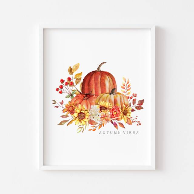 Autumn Pumpkin Sunflower Watercolour Print Seasonal Wall Art - Unframed - image 1