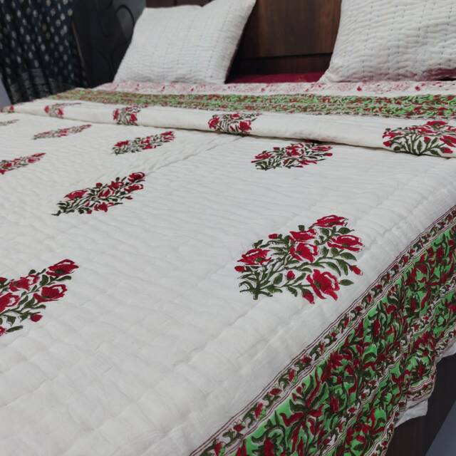 Hand Block Printed Queen Quilt Reversible Indian Cotton Bedspread - image 1