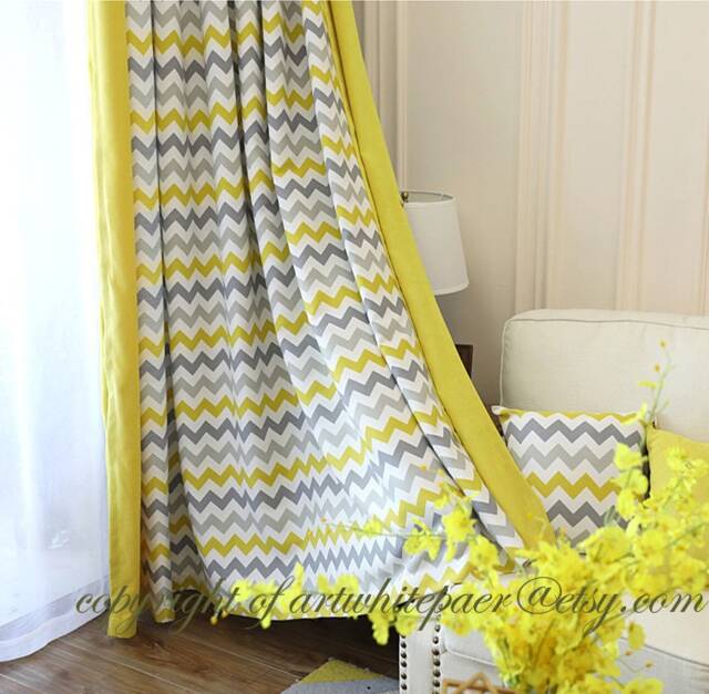 Window Curtain Panel/Window Treatment/Topper/Bedroom Drape/Bathroom Shower Curtain, Kids Nursery Childrenplayroom-Gray Lemon Chevron, Freegift - image 1