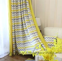 Window Curtain Panel/Window Treatment/Topper/Bedroom Drape/Bathroom Shower Curtain, Kids Nursery Childrenplayroom-Gray Lemon Chevron, Freegift - thumbnail 1
