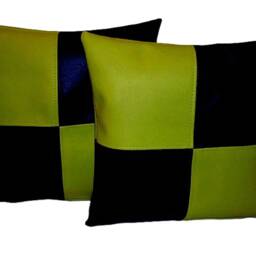 "2 Black & Apple Green Check Faux Leather Cushions 16"" 18"" 20" - thumbnail 2