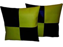 "2 Black & Apple Green Check Faux Leather Cushions 16"" 18"" 20" - thumbnail 1