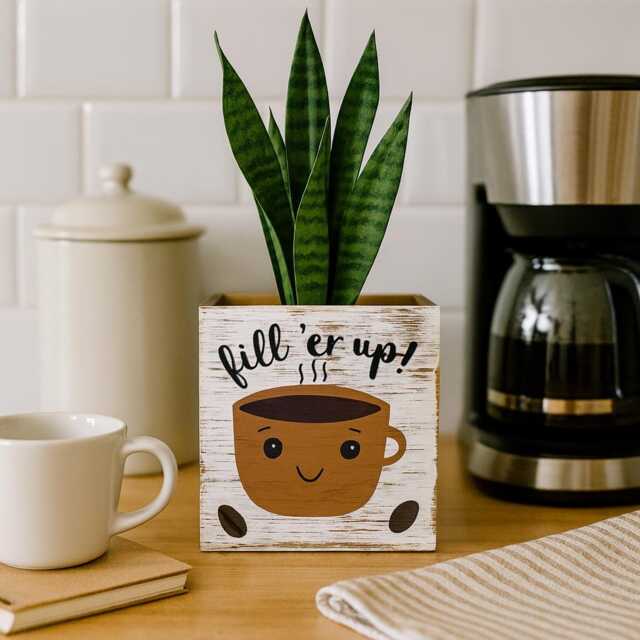 Hand Painted Coffee Cup Planter Whitewashed Wood Succulent Pot - image 1