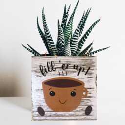Hand Painted Coffee Cup Planter Whitewashed Wood Succulent Pot - thumbnail 2