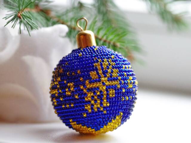 Handmade Beaded Christmas Ball Blue & Gold Czech Bead Ornament - image 1