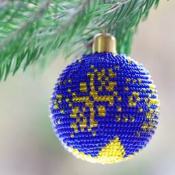 Handmade Beaded Christmas Ball Blue & Gold Czech Bead Ornament - thumbnail 2